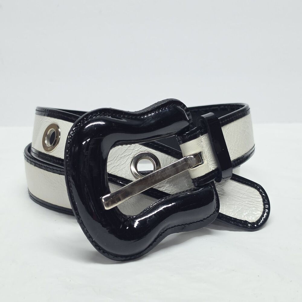 Fabio Corti Vintage Black White Patent Leather Waist Belt Women's XL Italy Boho